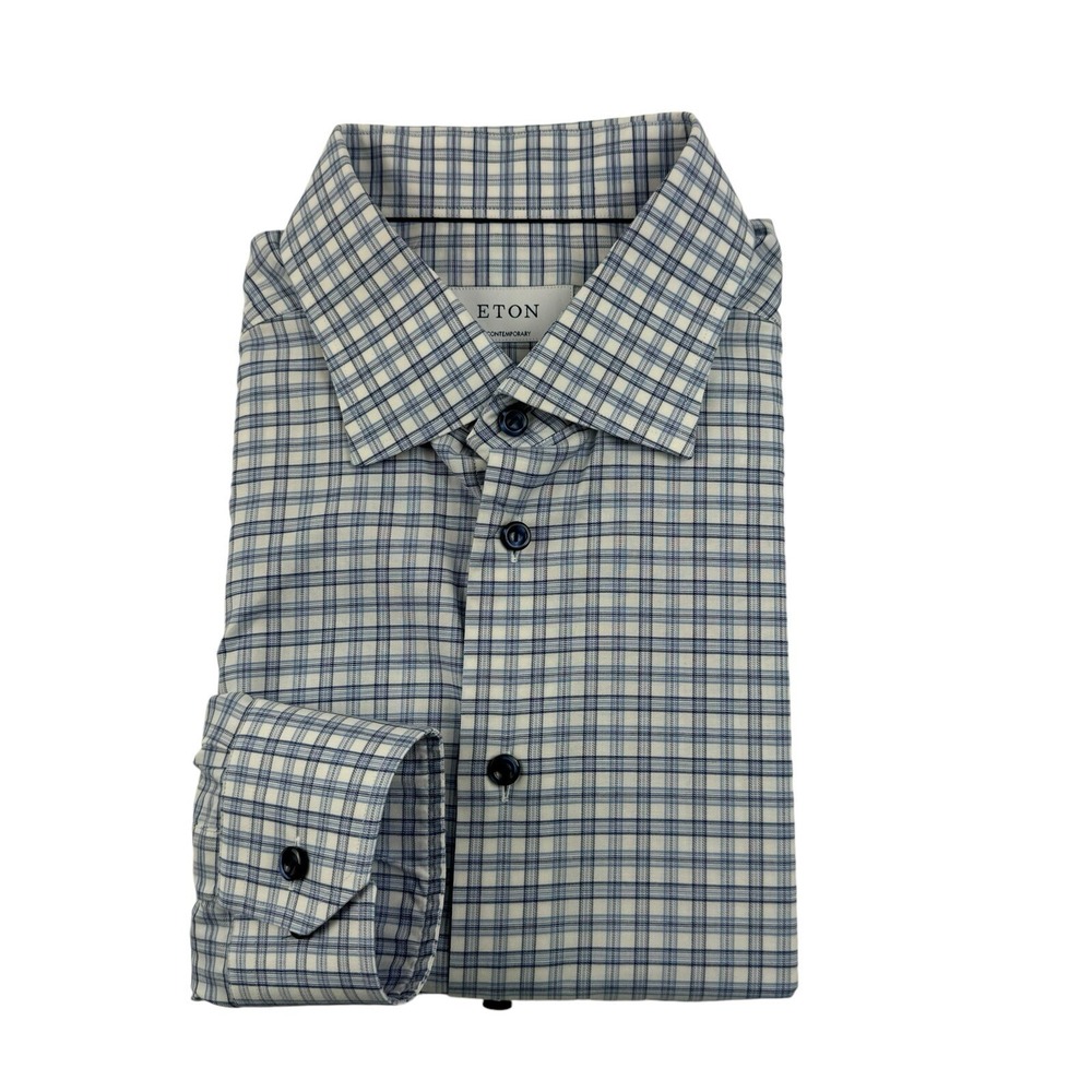 ETON Contemporary White Blue Checked Cotton Tencel Mens Button Front Shirt 17.5